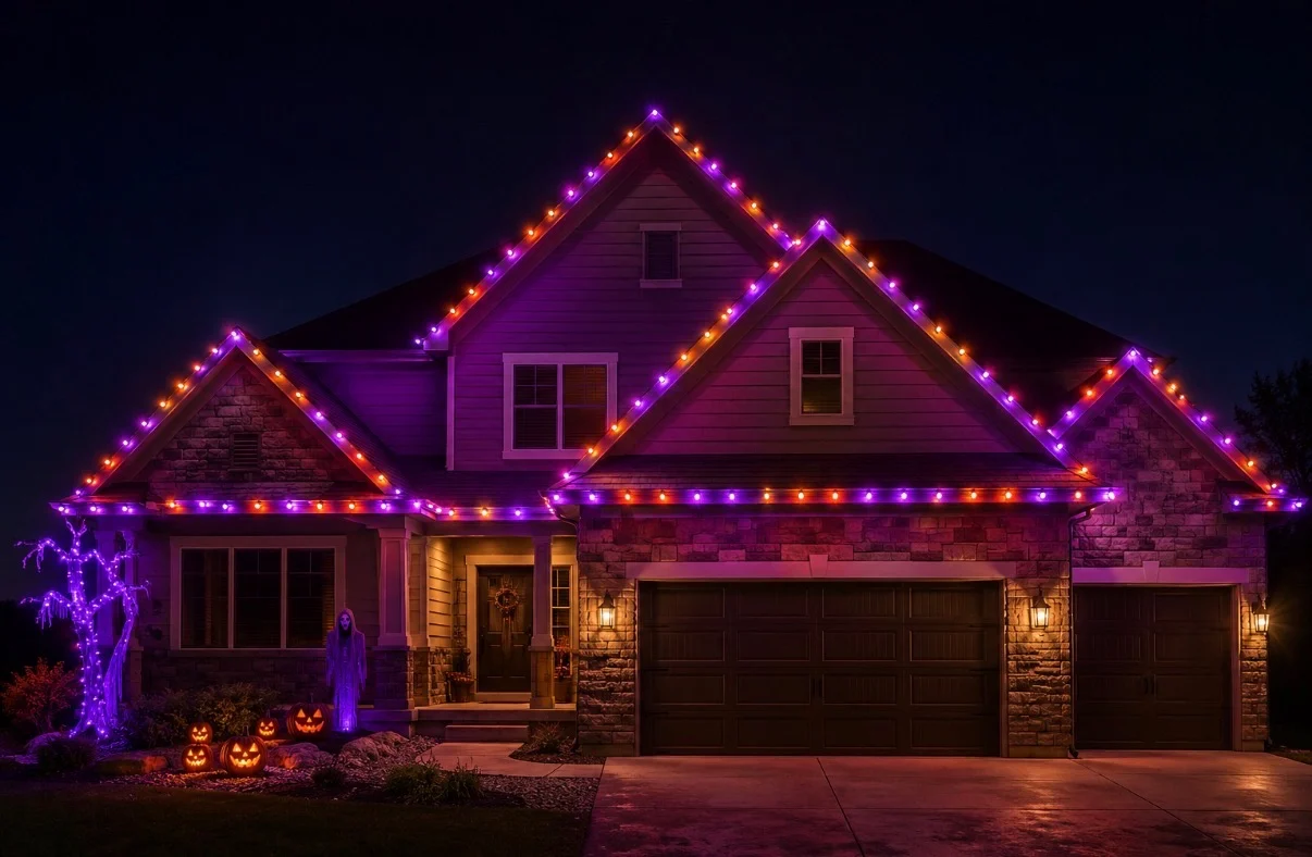 Home with orange and purple Halloween roofline lighting at night