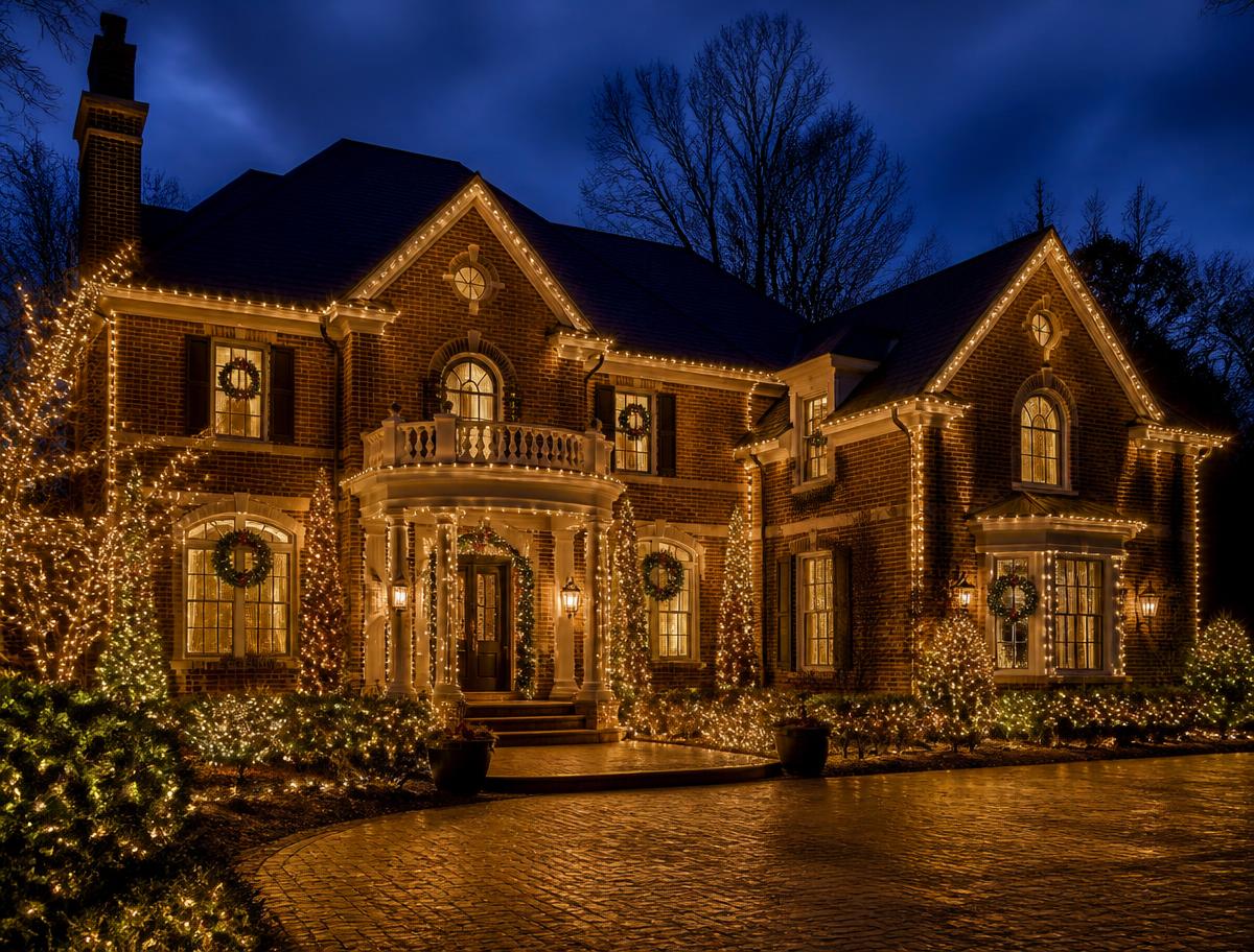Home fully illuminated with warm gold Christmas lights at dusk