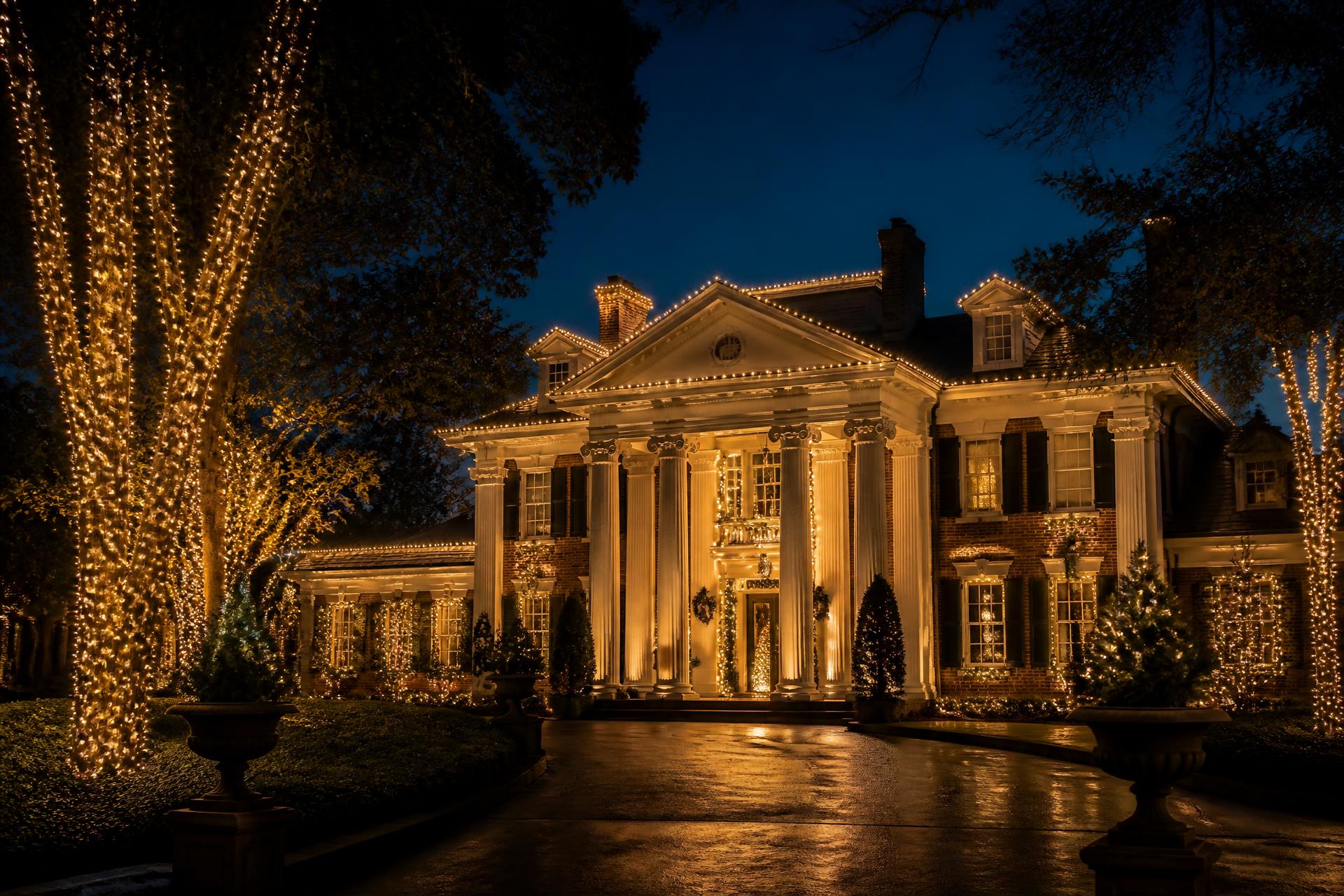 Grand Georgia estate outlined in warm Christmas lights at twilight β professional Christmas light installation in Metro Atlanta